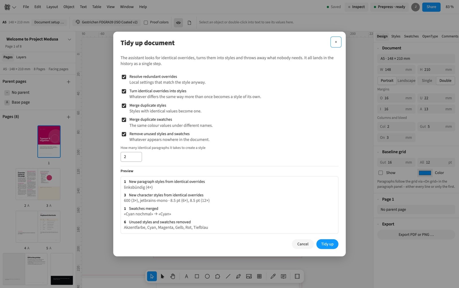 Tidying up a document