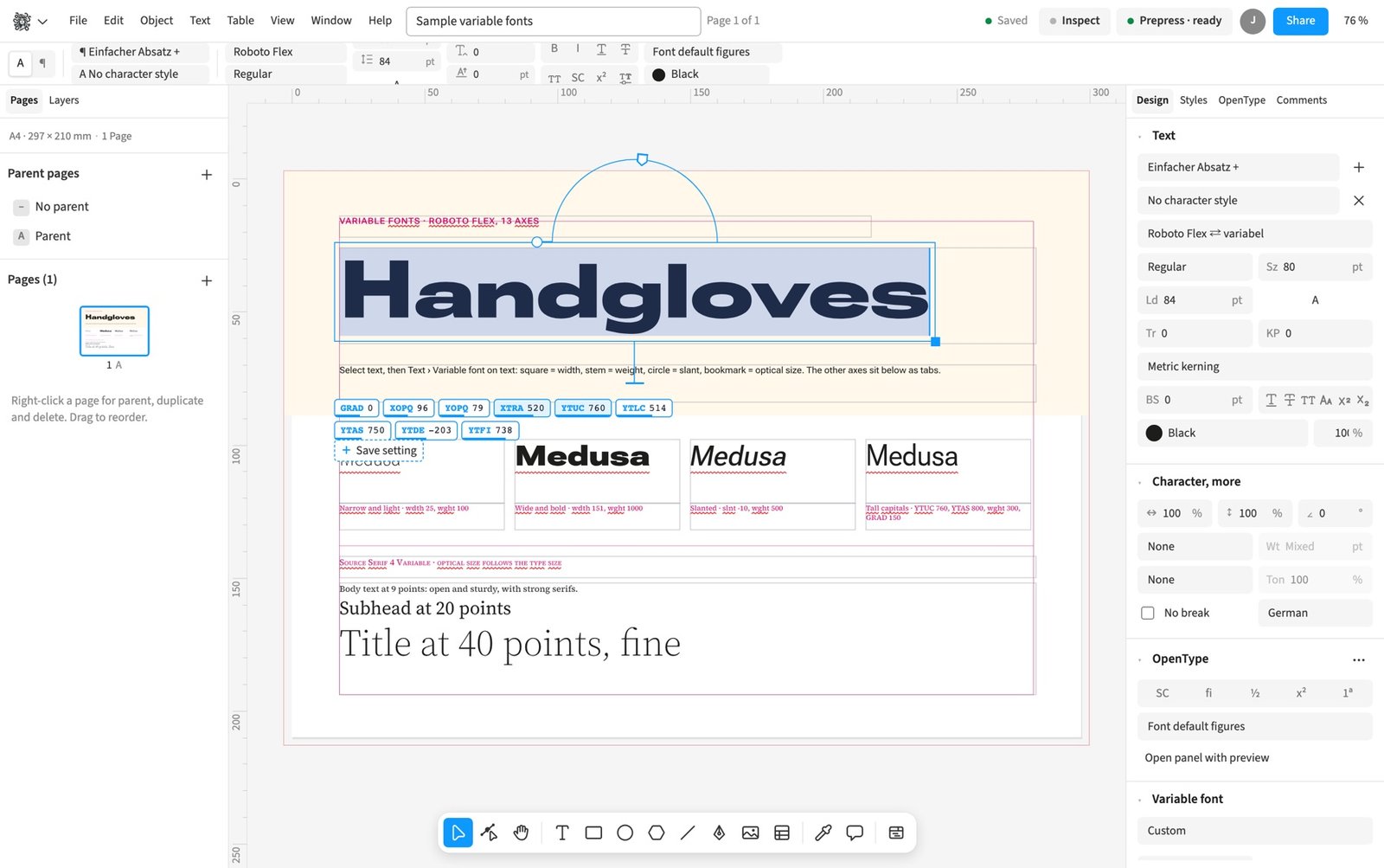 Variable fonts on the text
